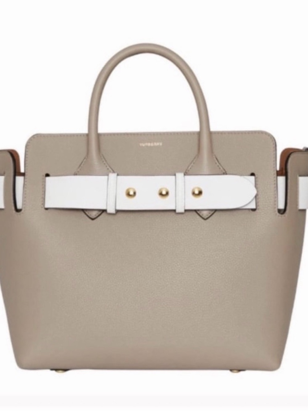 Burberry Taupe Leather Satchel with White Belt and Gold Studs